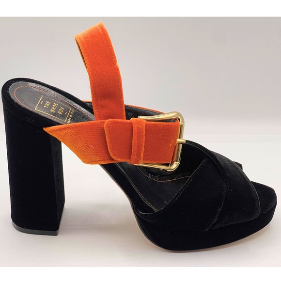 ALBERTO ZAGO VELVET 2-TONE PLATFORM SANDALS, CHUNKY HEELS, BLACK & ORANGE, SZ 39 - Picture 2 of 9
